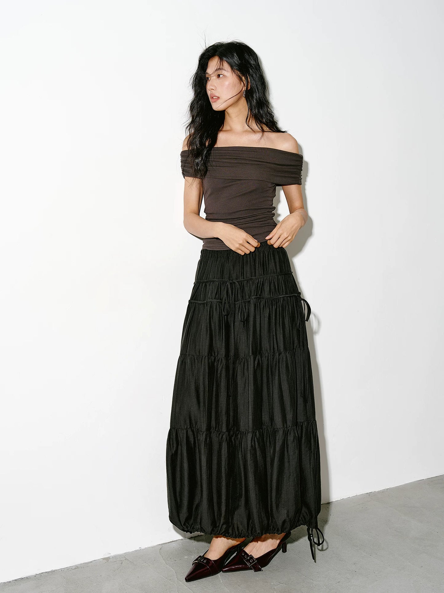 drawstring tiered balloon long skirt 1color 【NINE7229】
