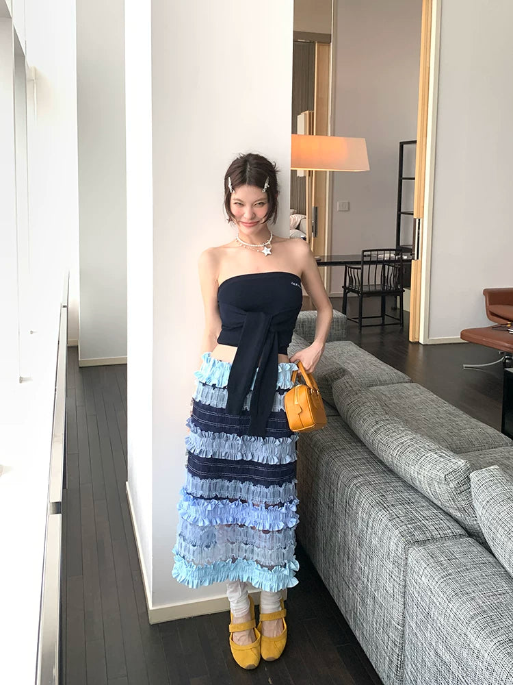 ruffle color block midi skirt 1color 【NINE7097】
