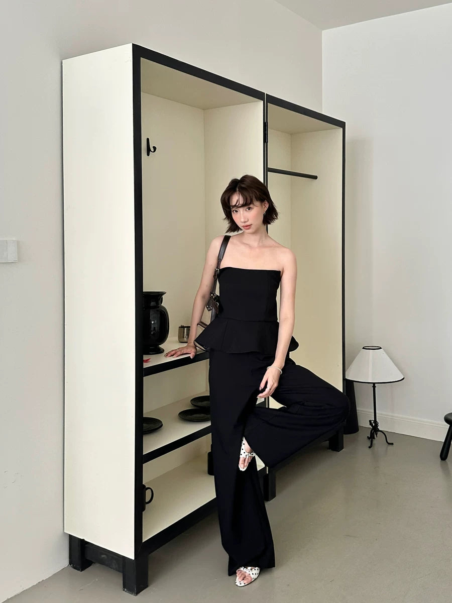 tube top peplum fake two-piece wide leg jumpsuit 1color 【NINE7150】