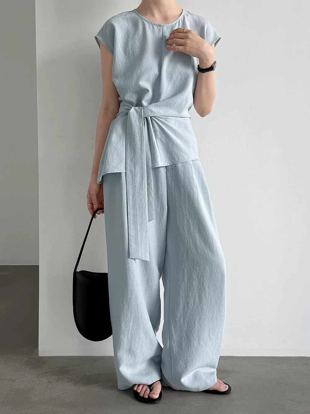 waist tie cap sleeve tops pants setup 2color 【NINE7085】