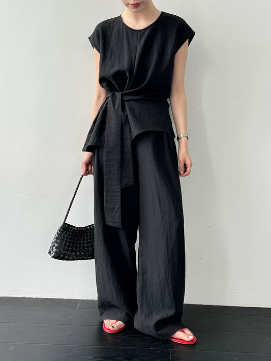 waist tie cap sleeve tops pants setup 2color 【NINE7085】