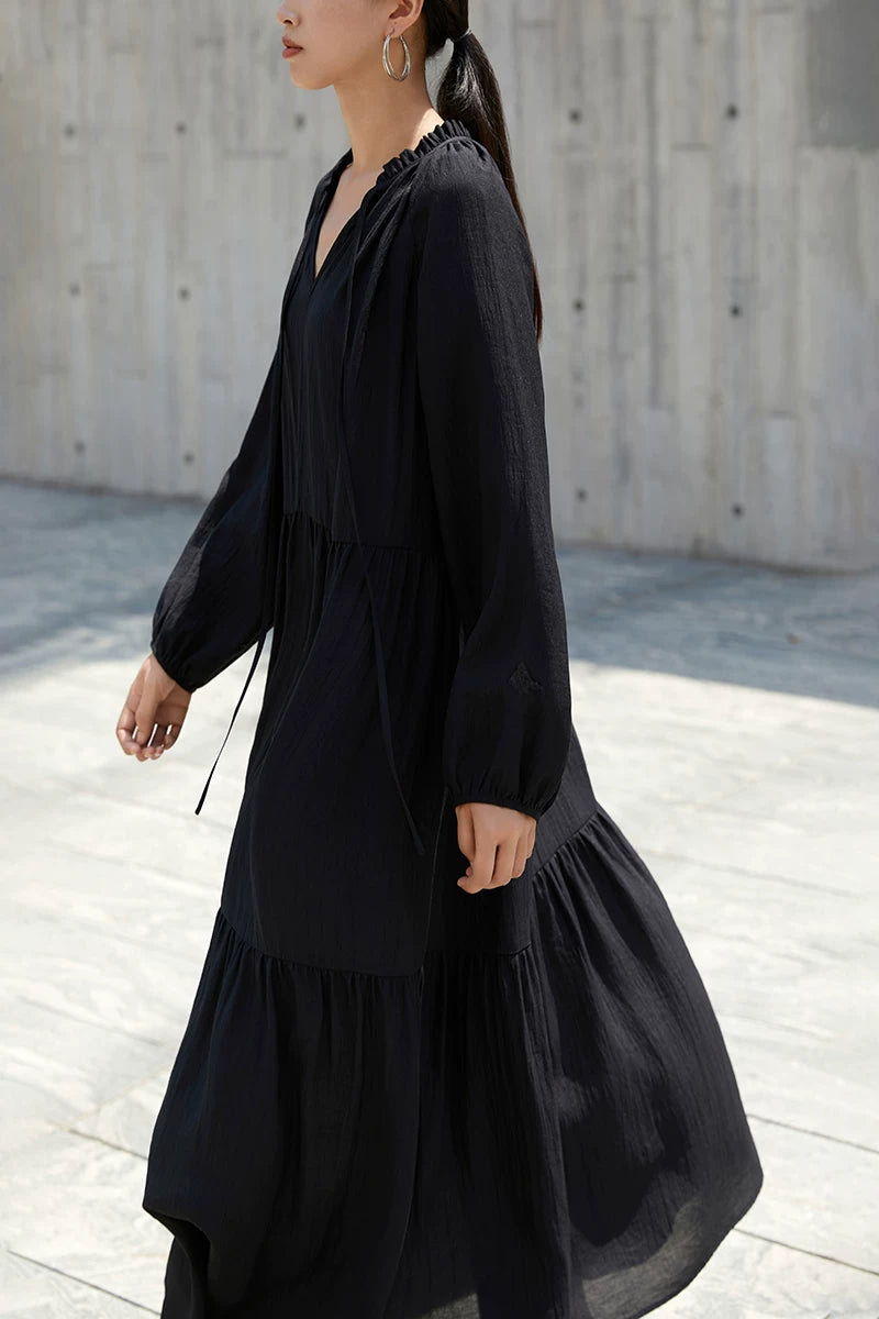 v-neck belt tiered long dress 1color 【NINE7227】