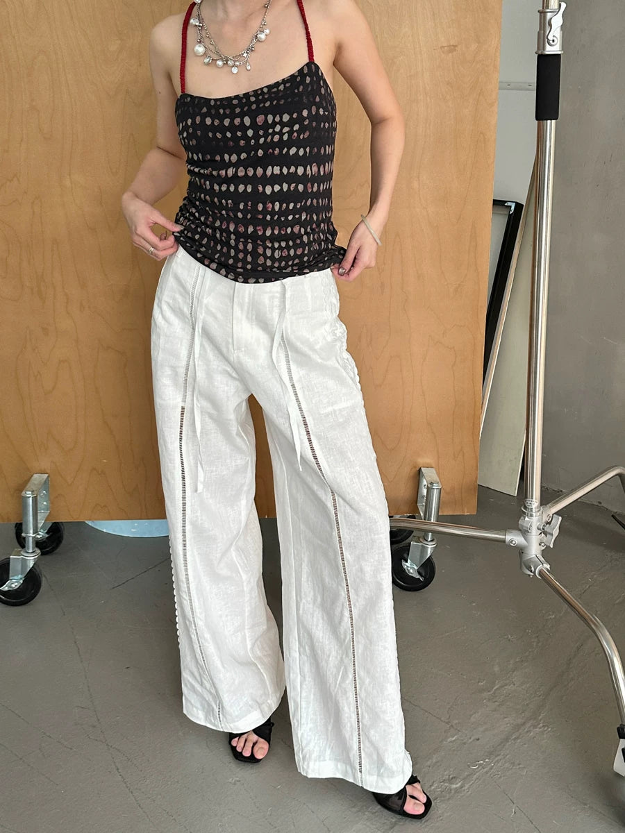 cotton linen lace cutout wide pants 1color 【NINE7143】