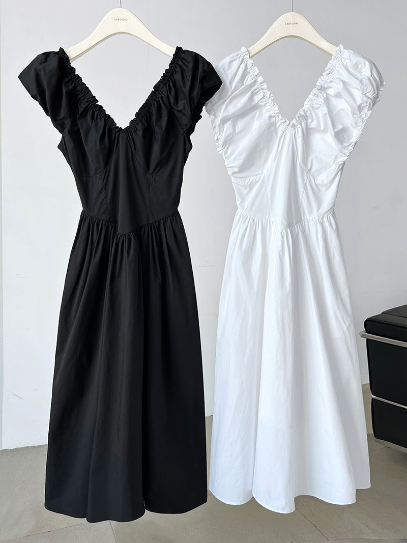 backless gathered puff sleeve dress 2color 【NINE7059】
