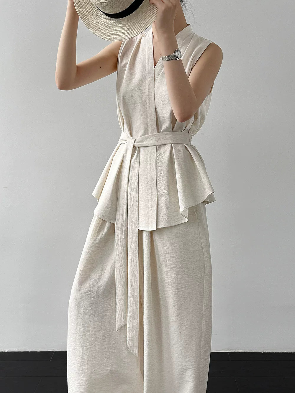 peplum tie sleeveless pants setup 2color 【NINE7082】