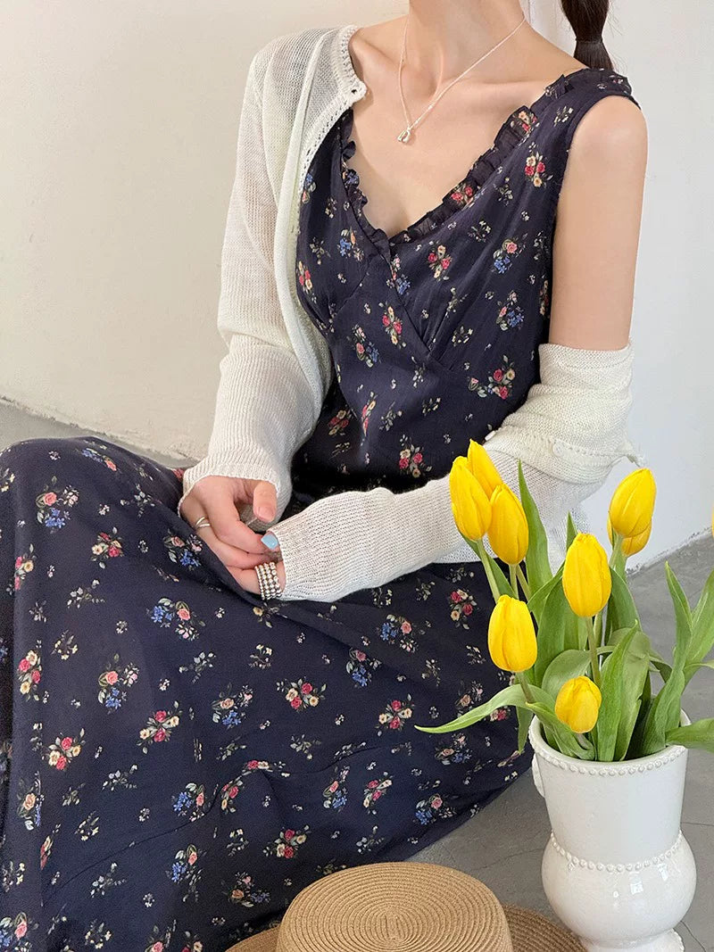 backless floral linen camisole dress 1color 【NINE7024】