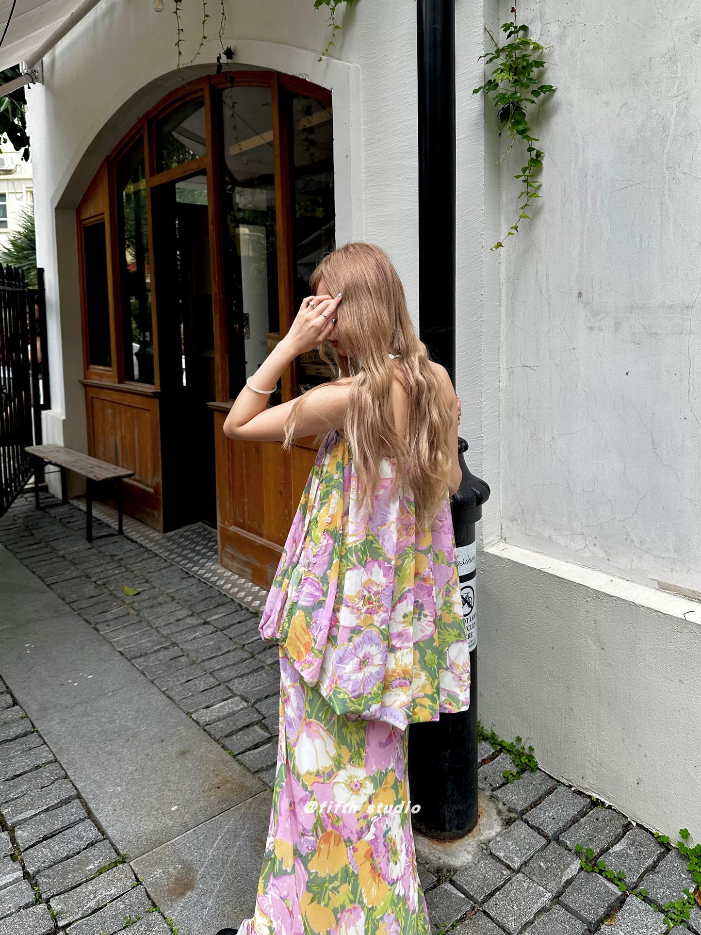 floral print tube top style fake two-piece long dress 1color 【NINE7147】