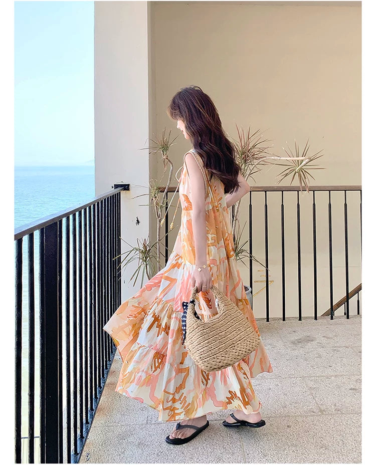 orange print tiered sleeveless dress 1color 【NINE7136】