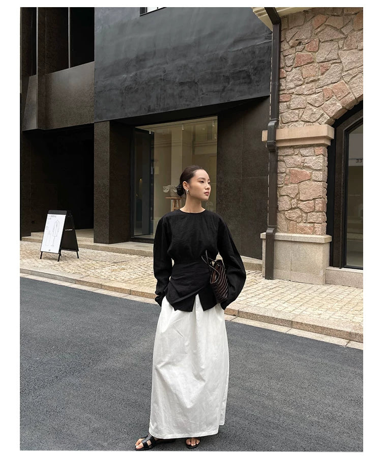 waist ribbon tie long sleeve blouse 1color 【NINE7198】