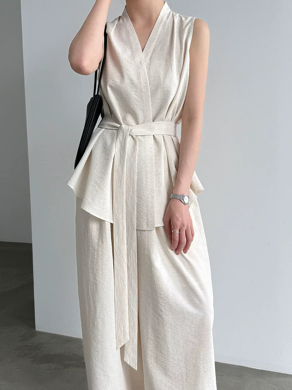peplum tie sleeveless pants setup 2color 【NINE7082】