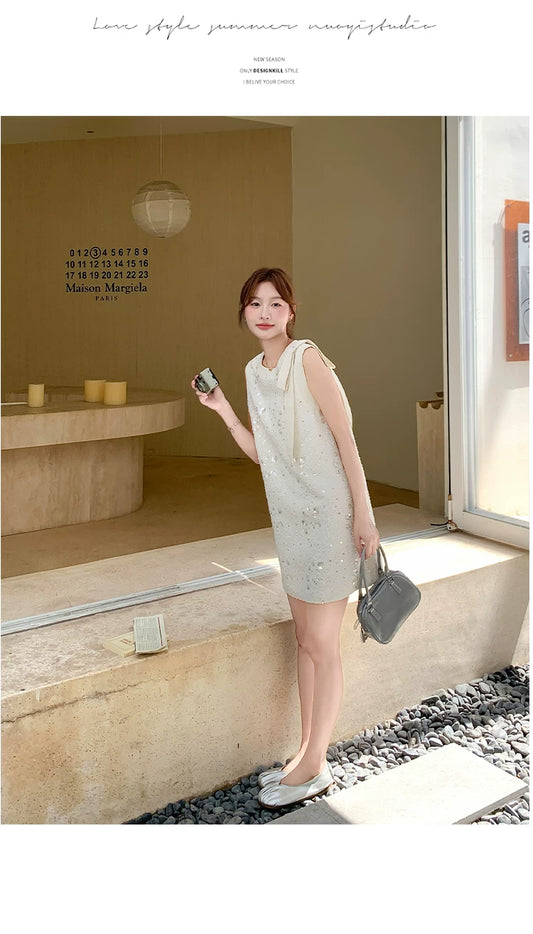 sequin ribbon tweed sleeveless mini dress 1color 【NINE7139】