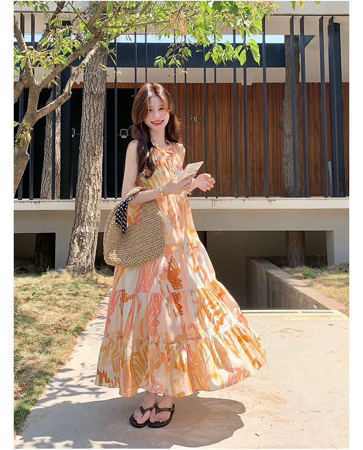 orange print tiered sleeveless dress 1color 【NINE7136】