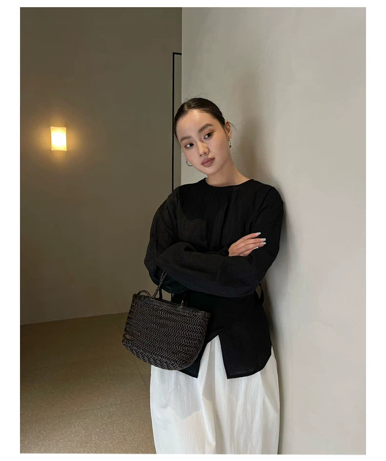 waist ribbon tie long sleeve blouse 1color 【NINE7198】