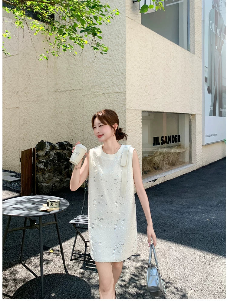 sequin ribbon tweed sleeveless mini dress 1color 【NINE7139】