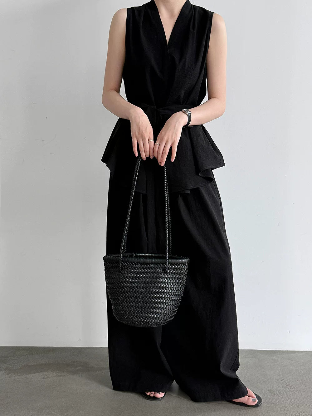 peplum tie sleeveless pants setup 2color 【NINE7082】