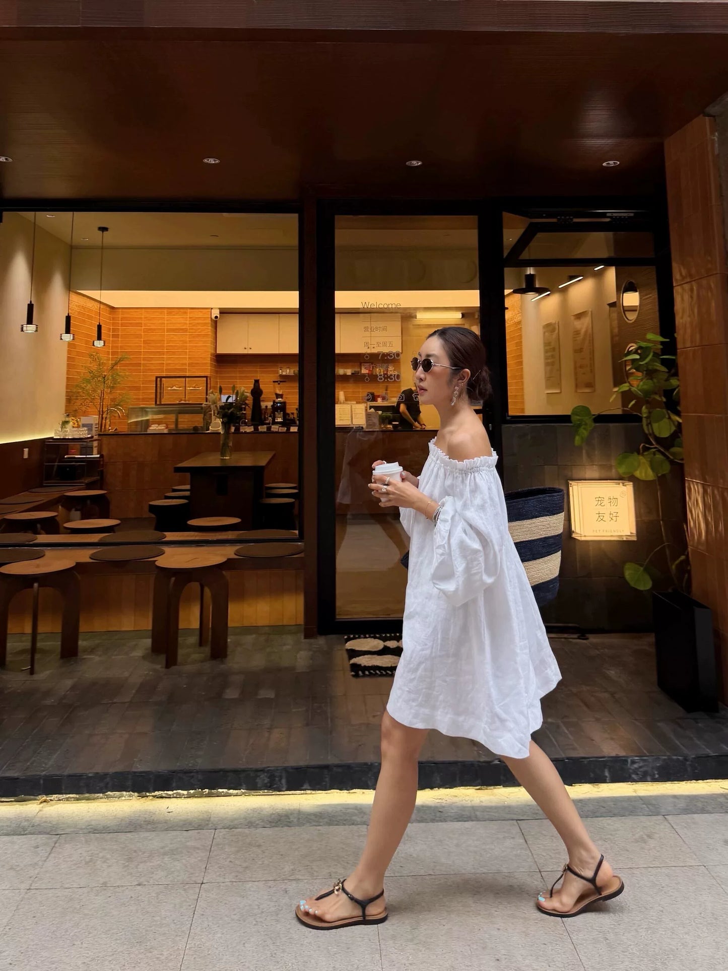 off shoulder ruffle linen mini dress 1color 【NINE7212】