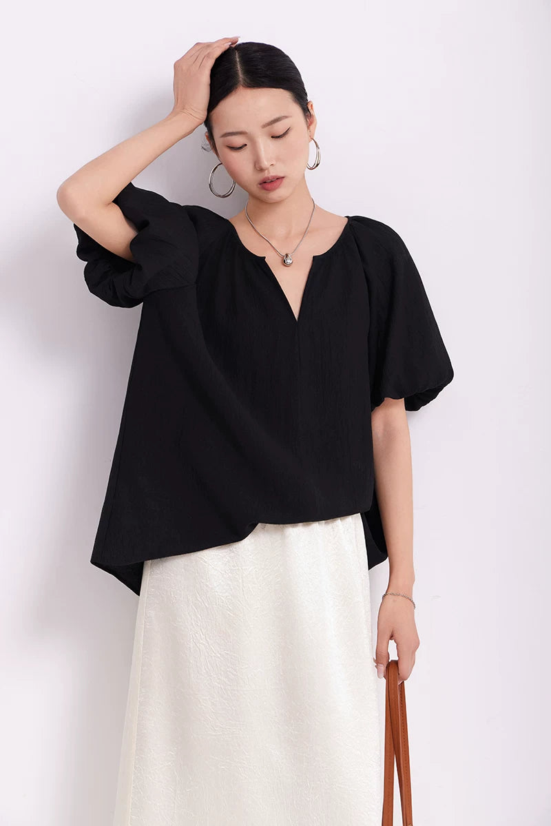 v-neck puff sleeve loose blouse 1color 【NINE7219】