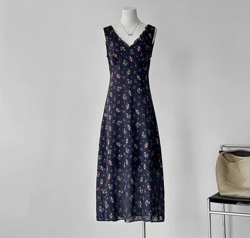 backless floral linen camisole dress 1color 【NINE7024】