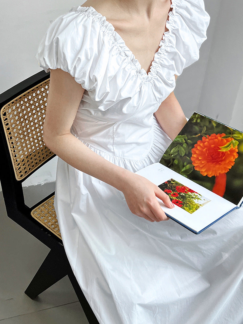 backless gathered puff sleeve dress 2color 【NINE7059】