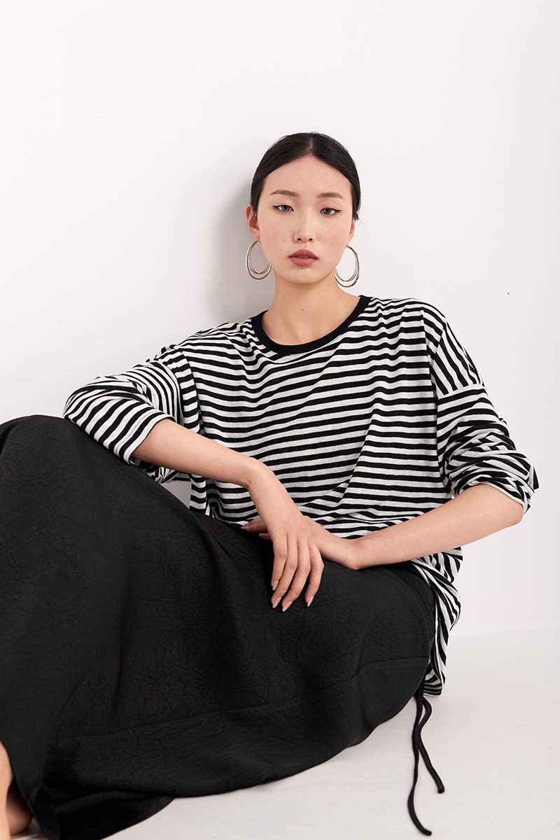 border crew neck loose long sleeve top 1color 【NINE7225】