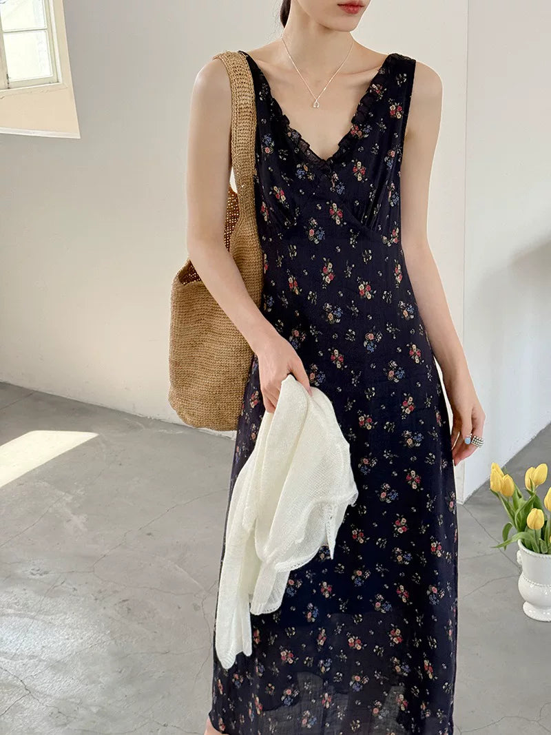 backless floral linen camisole dress 1color 【NINE7024】