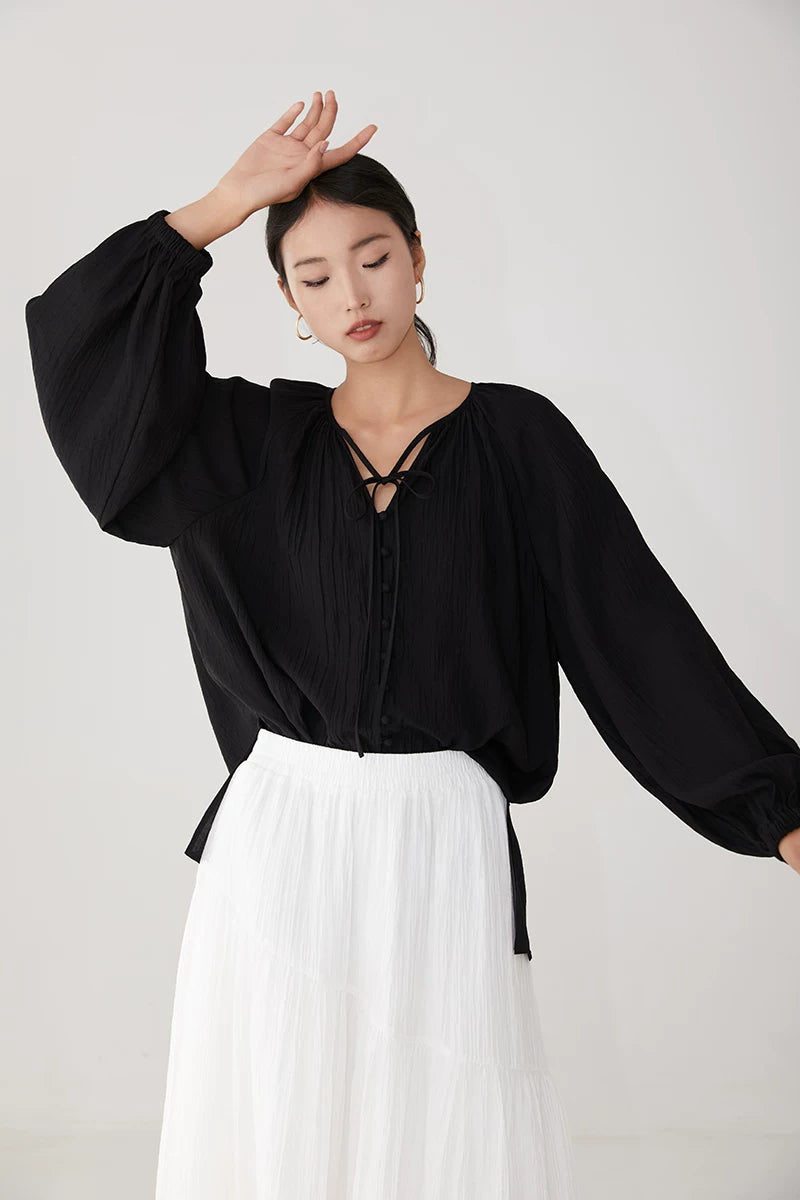 lace up tie lantern sleeve blouse 1color 【NINE7226】