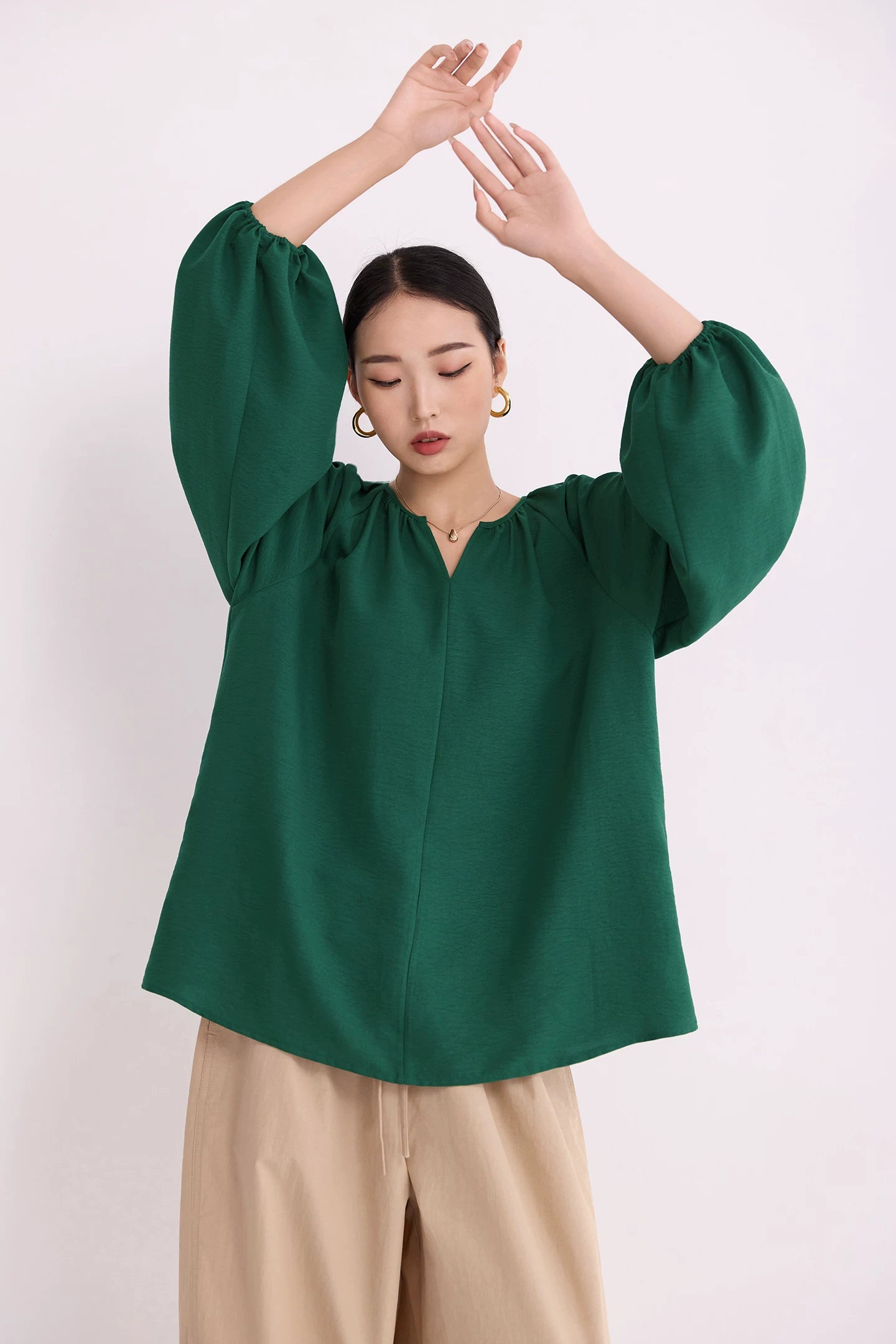 v-neck lantern sleeve loose blouse 14colors 【NINE7214】