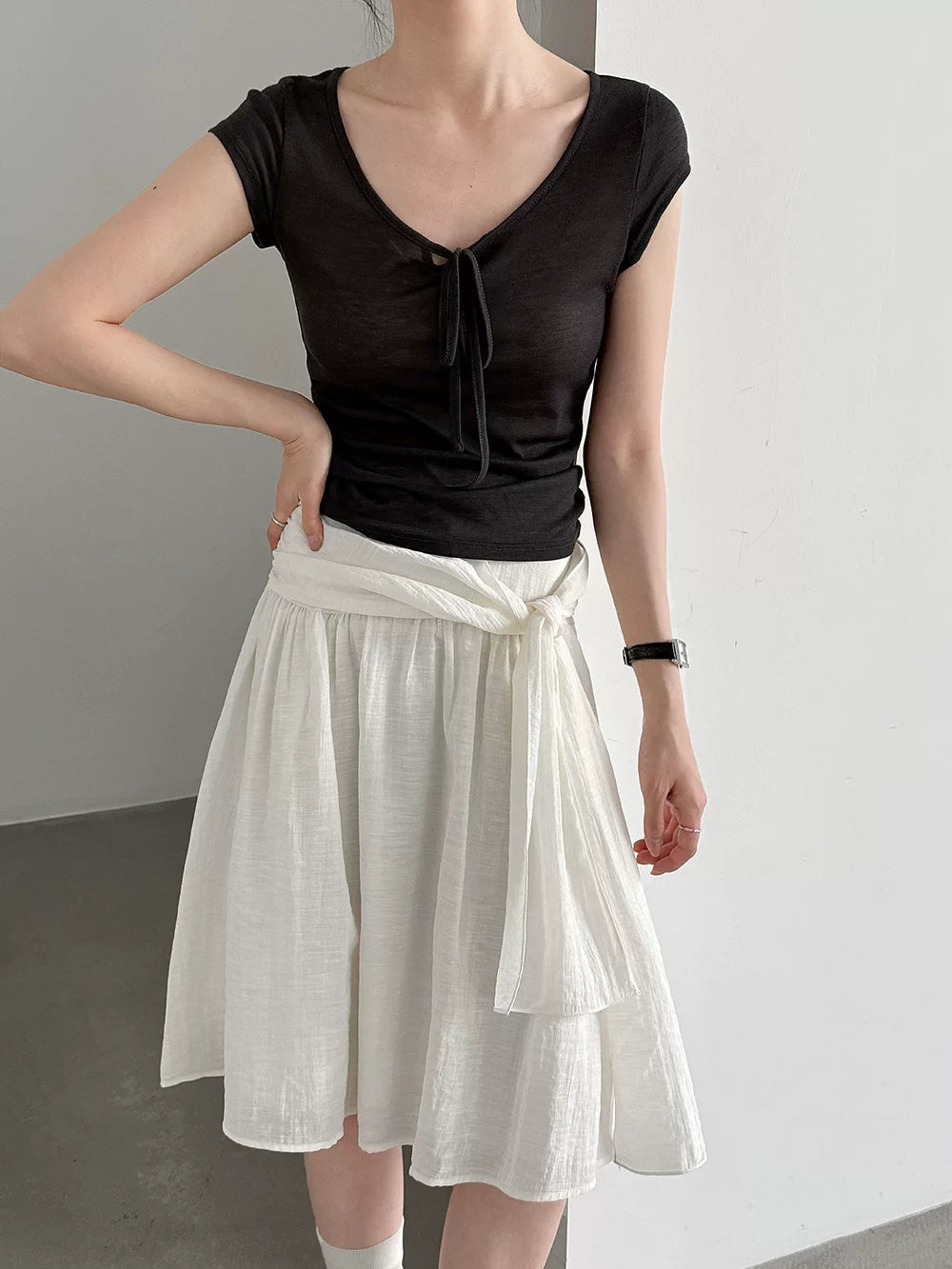 waist tie flared knee skirt 2color 【NINE7079】