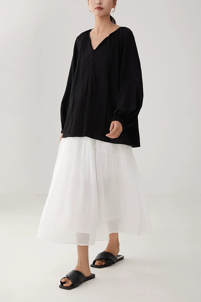 lace up tie lantern sleeve blouse 1color 【NINE7226】