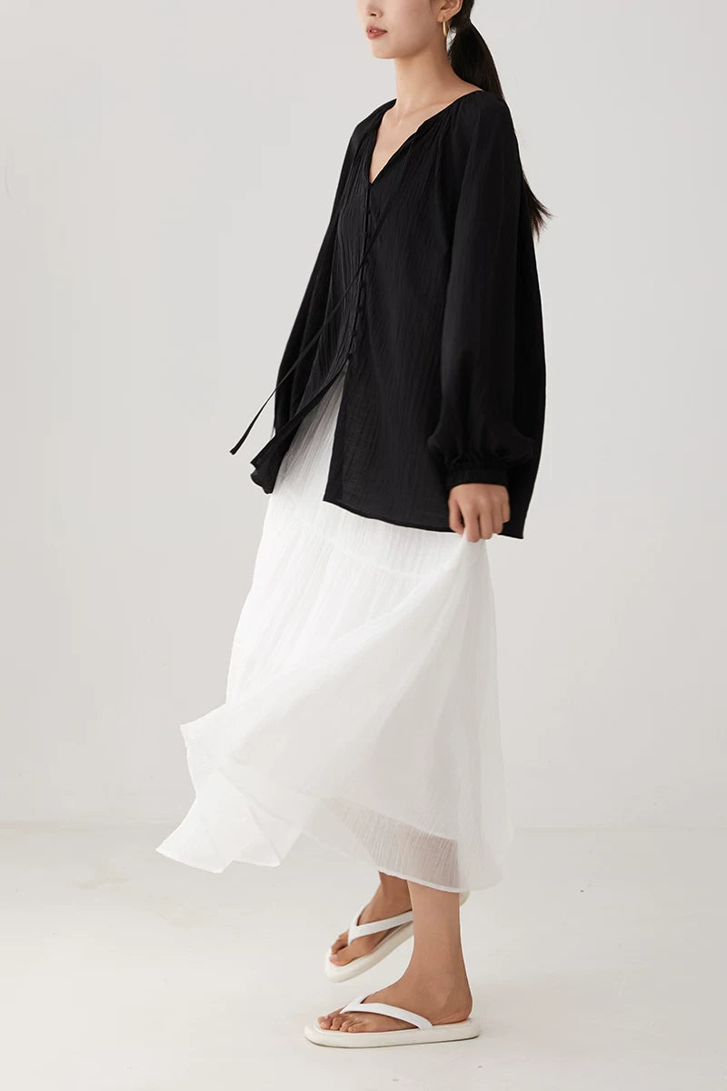 lace up tie lantern sleeve blouse 1color 【NINE7226】