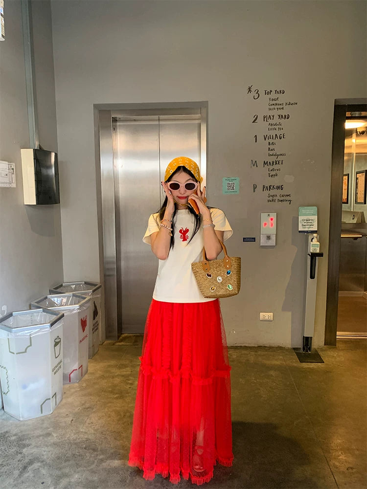 dot tulle ruffle tiered long skirt 1color 【NINE7205】
