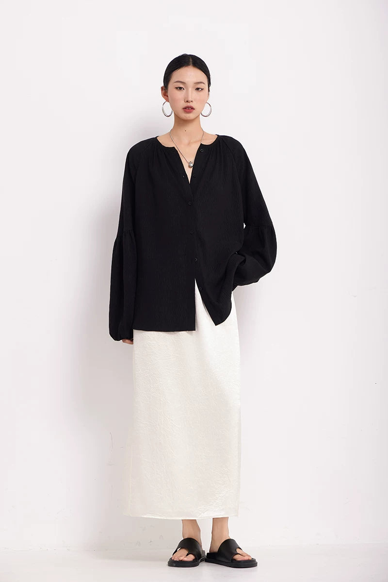 v-neck lantern sleeve loose shirt 1color 【NINE7224】
