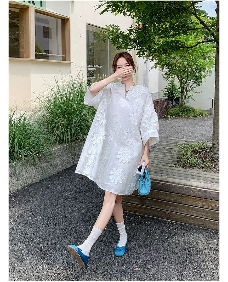 3D floral vneck loose dress 1color 【NINE7130】