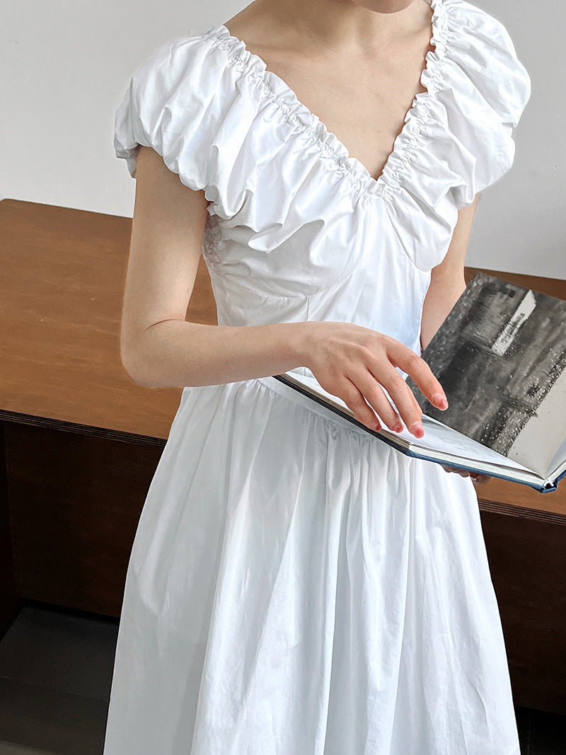 backless gathered puff sleeve dress 2color 【NINE7059】