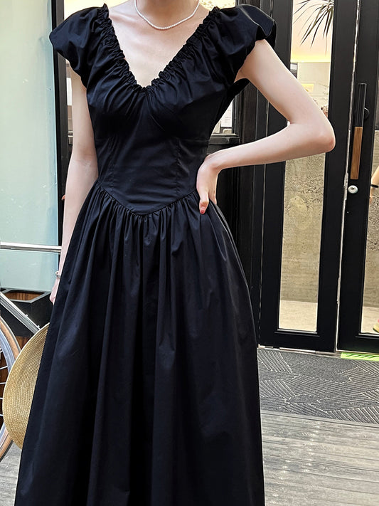 v neck gathered long dress 2color 【NINE7243】