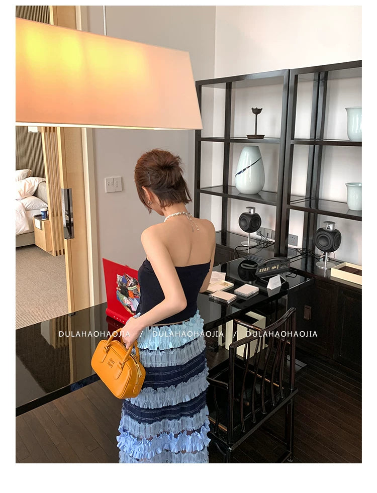 ruffle color block midi skirt 1color 【NINE7097】
