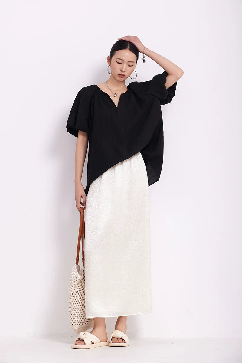 v-neck puff sleeve loose blouse 1color 【NINE7219】