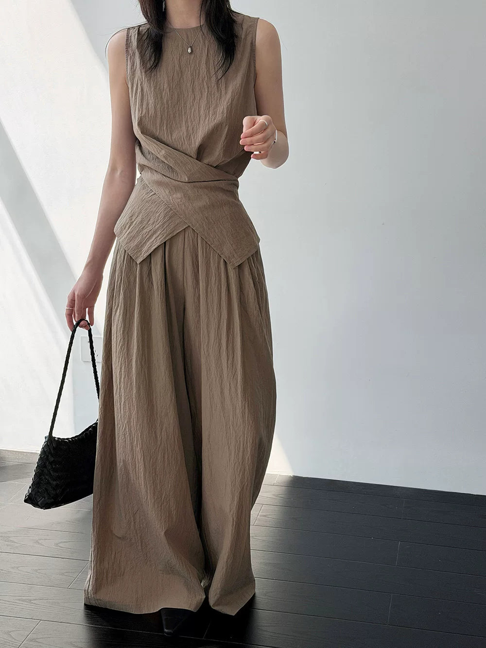 ribbon tops wide pants setup 3color 【NINE7061】