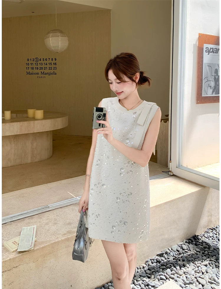 sequin ribbon tweed sleeveless mini dress 1color 【NINE7139】