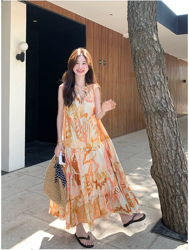 orange print tiered sleeveless dress 1color 【NINE7136】