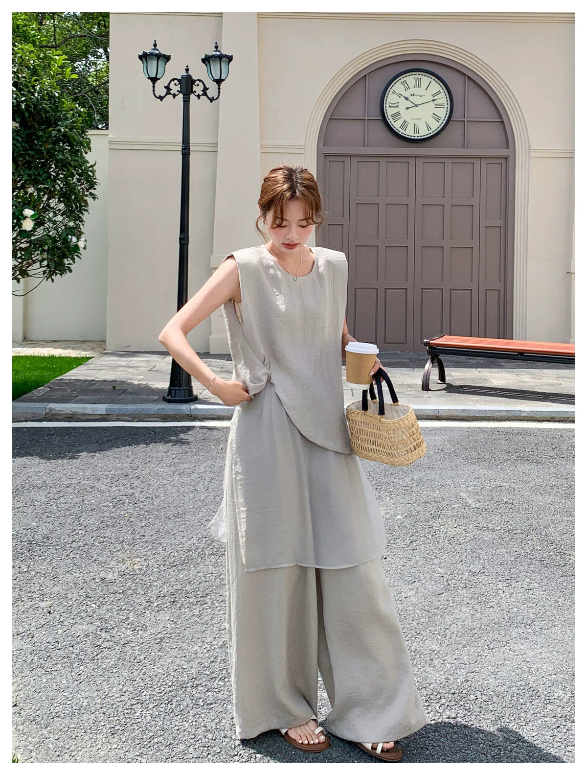 sleeveless layered top pants setup 1color 【NINE7109】