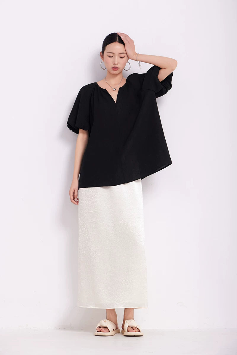v-neck puff sleeve loose blouse 1color 【NINE7219】