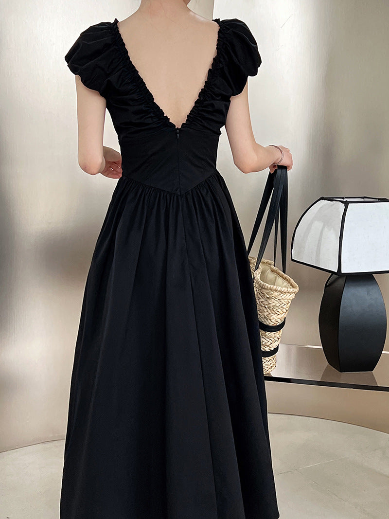 backless gathered puff sleeve dress 2color 【NINE7059】
