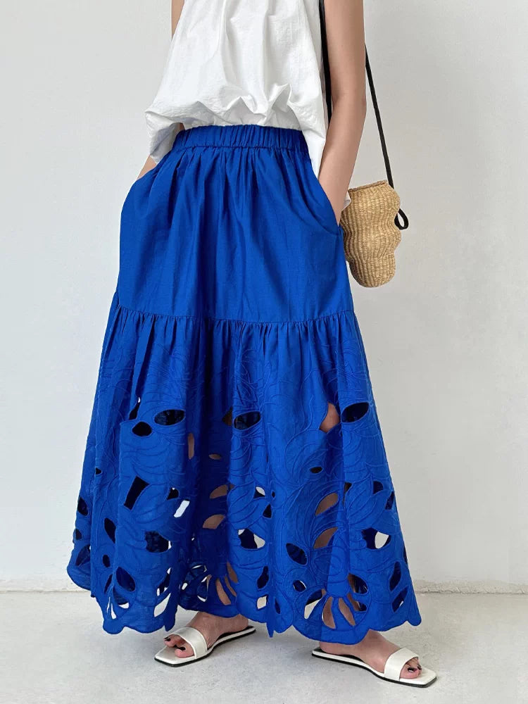cutout embroidery tiered long skirt 2color 【NINE7053】