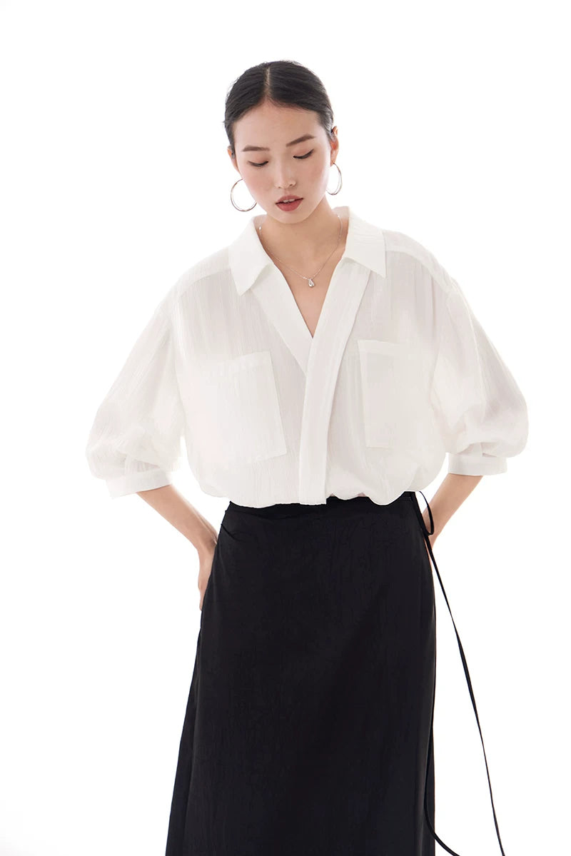 v-neck lapel puff sleeve shirt 3colors 【NINE7215】