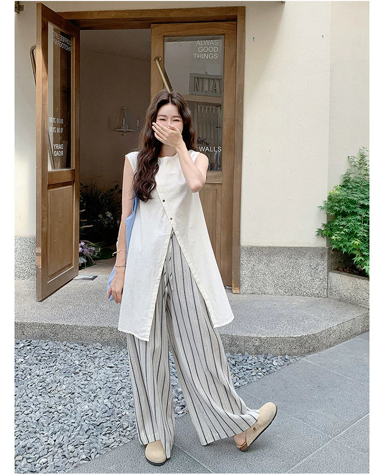 asymmetric top stripe pants setup 1color 【NINE7112】