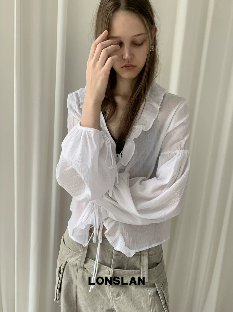 v neck ruffle long sleeve blouse 1color 【NINE7012】