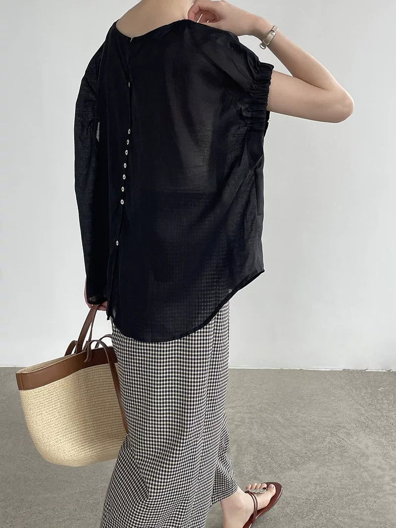 back button loose short sleeve blouse 3color 【NINE7021】