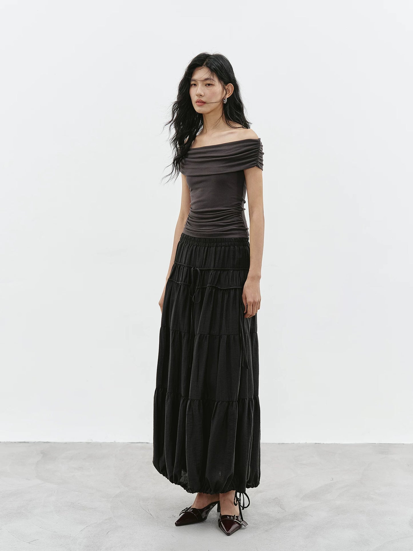 drawstring tiered balloon long skirt 1color 【NINE7229】