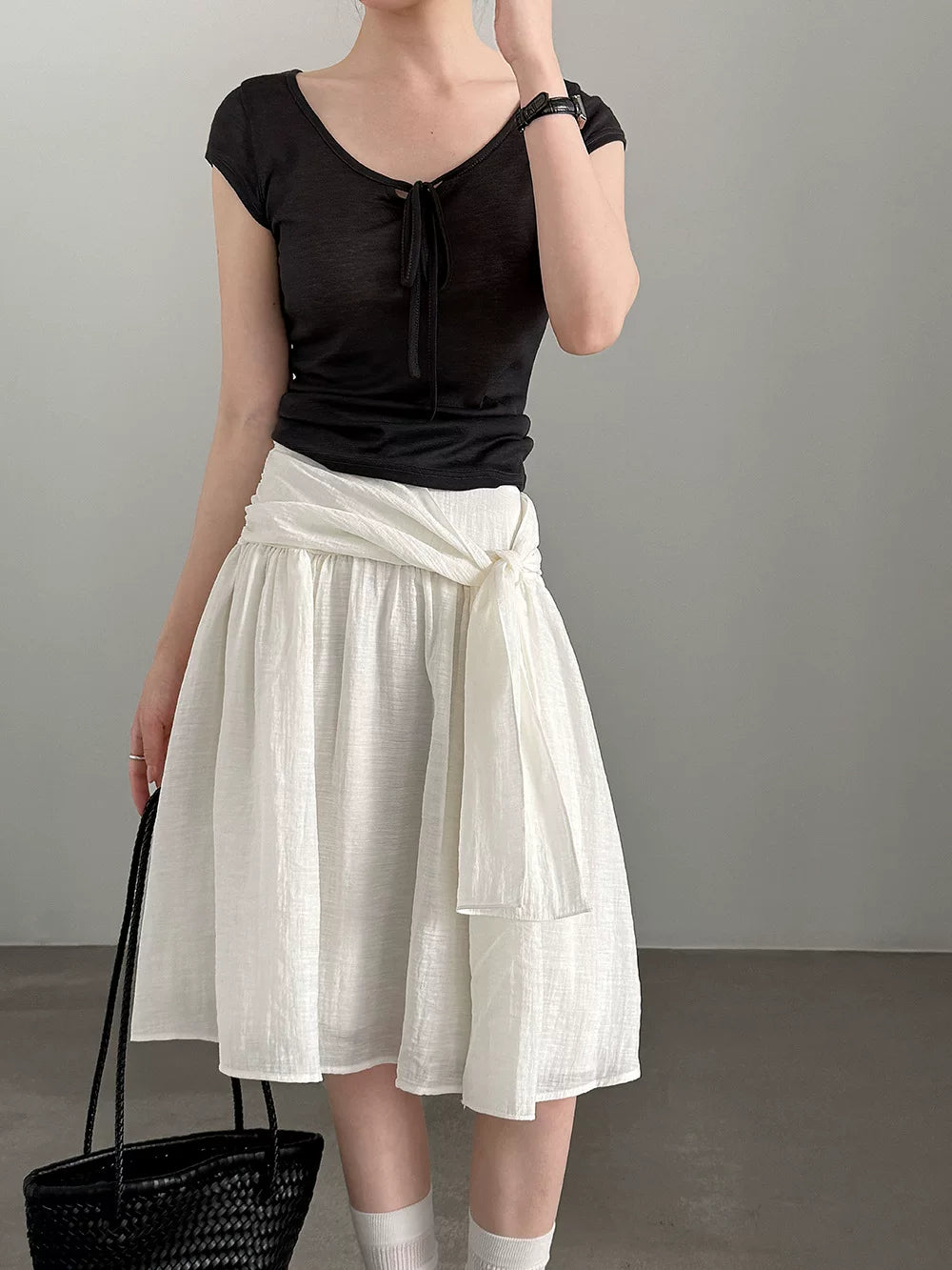 waist tie flared knee skirt 2color 【NINE7079】